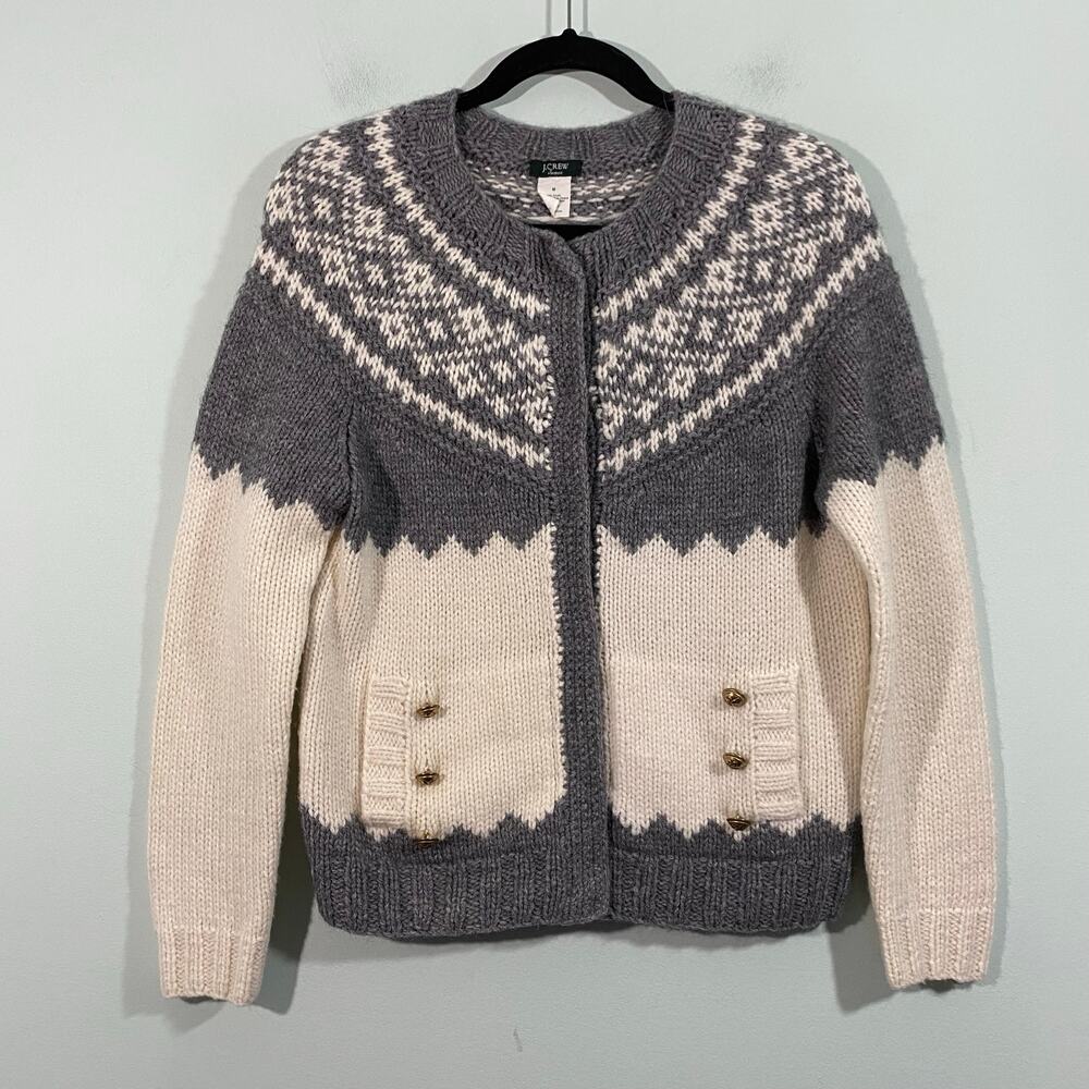 J Crew Women Grey & Cream Alpaca Merino Blend Fair Isle Cardigan Size M